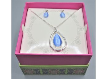 Blue Stone, Silver Tone Costume Jewelry Necklace & Matching Earrings - New In Box