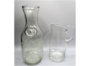 Etched Glass Milk Bottle & Glass Pitcher