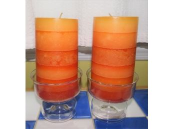 Glass Pillar Candle Holders With Orange Candles - Set Of 2