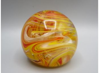 Yellow-orange Swirl Round Art Glass Paperweight