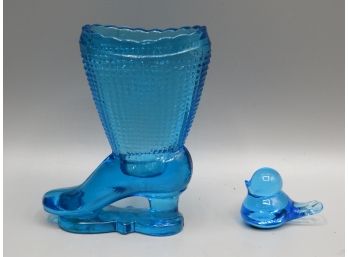 The Blue Churn Glass Boot & Bird Figurine - Assorted Set Of 2