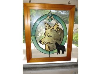 Wood Framed Stained Glass Style Wolf Hanging Decor