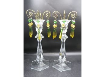 Imperial Full Lead Crystal Candlestick Holders With Plastic Colored Hanging Beads - Set Of 2