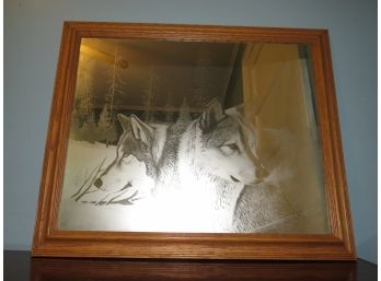 Wood Framed Mirror With Etched Wolves