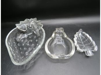 Glass Candy Dishes - Pear, Strawberry, Leaf - Assorted Set Of 3
