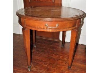 Wood Round Leather Top Table With Caster Wheels