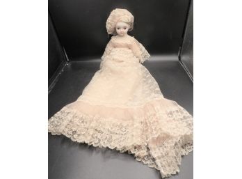 Porcelain Doll, Ivory Dress - Vintage