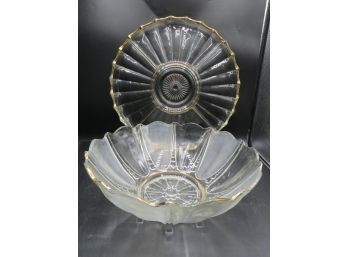 Glass Bowl & Sectioned Platter With Gold Tone Rims - Set Of 2