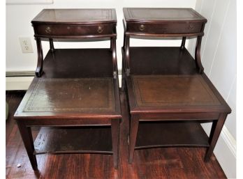 Wood Leather Top Side Tables, Vintage - Set Of 2