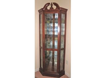 Wood Lighted Corner Curio Cabinet With Glass Shelves