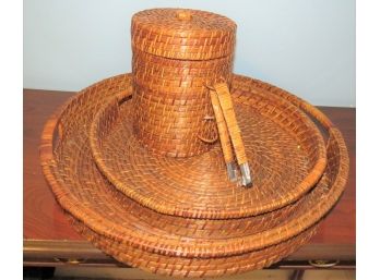 Basket Weave Trays And Ice Bucket & Tongs - Set Of 3