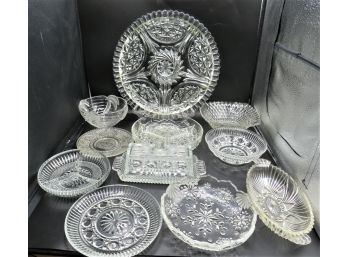 Cut Glass Bowls, Plates, Butter Dish - Assorted Set Of 11
