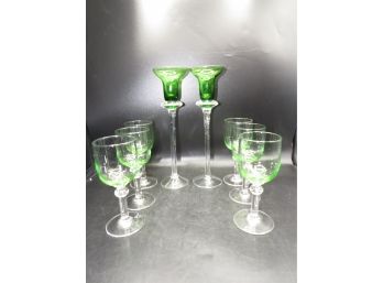 Green Stemmed Glasses Set Of 6 & Candlestick Holders Set Of 2