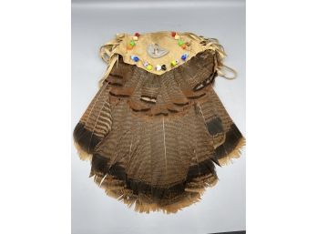 Native Abenacki Turkey Tail Leather Beaded Hand Fan