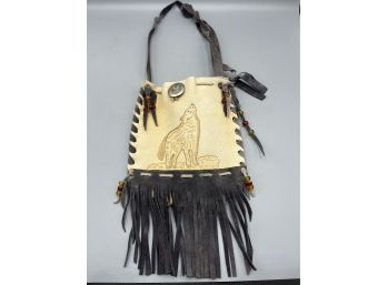 Modern American Indian Leather Wolf Pattern Handbag