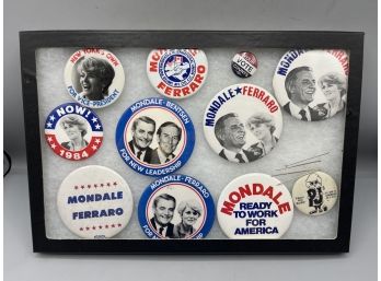 Mondale Ferraro 1980s Presidential Campaign Pins With Glass-top Display Case
