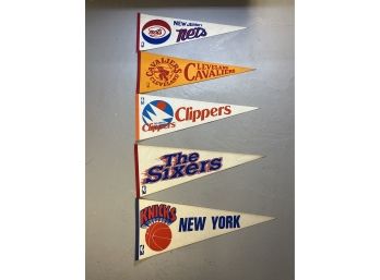 Vintage NBA Sport Pennants Nets, Cavaliers, Clippers, The Sixers, Nicks - 5 Total