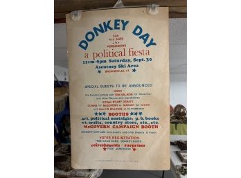 Vintage 1972 Shriver Committee Donkey Day Political Adverting Sign Brownsville Vermont