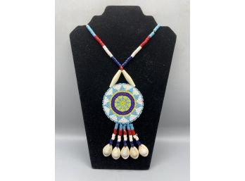 Medallion Handcrafted Modern American Indian Beaded On Leather Necklace