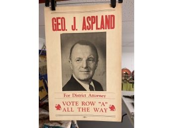 Vintage George J. Aspland For District Attorney Political Campaign Advertising Poster
