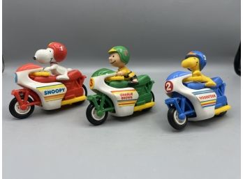 Vintage Snoopy Motorized Toy Friction-powered Jump Cycle Set - 3 Total