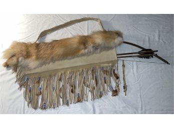 Leather Fox Fur Pelt Bow And Arrow Quiver Case With Wooden Bow And Stone-tip Arrows