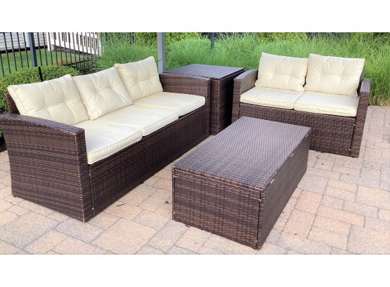 Outdoor Patio Sofa, Love Seat & 2 Storage Tables, With Cushions