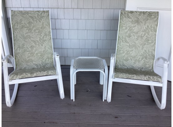 White Outdoor Rocking Chairs & Square Side Table - Set Of 3