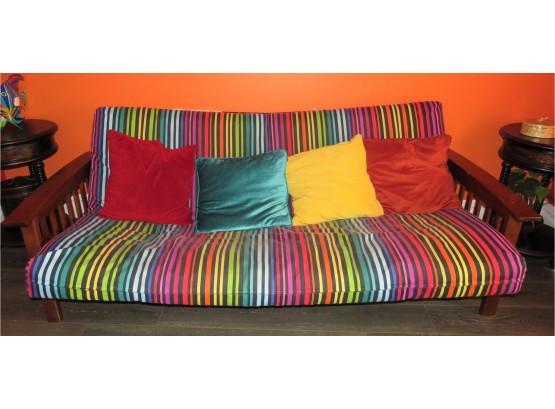 Rainbow Fabric Futon Sofa With Throw Pillows