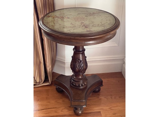 Wood Round Pedestal Accent Table With Glass Top