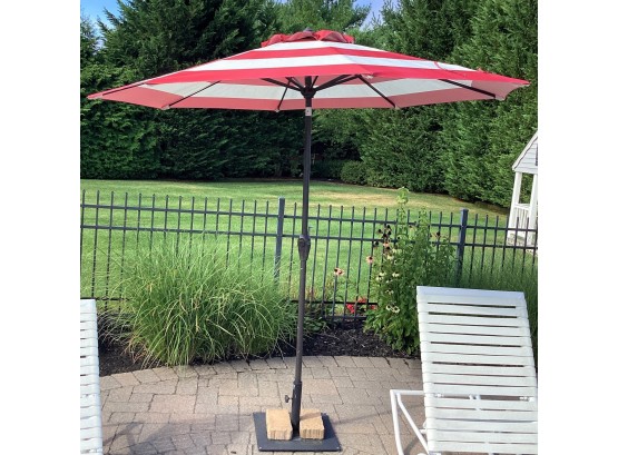 Red & White Striped 8 Foot Umbrella With Stand