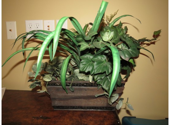 Wood Planter With Artificial Plant
