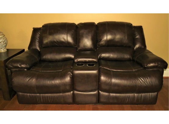 Brown Leather Electric  Reclining Loveseat With Storage Cupholders