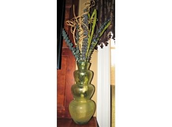 Green Glass Vase With Artificial Floral Decor