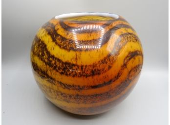 Round Amber/orange Wavy Striped Glass Vase