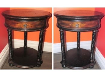 Hooker Furniture Round Wood Side Tables With Drawer & Lower Shelf - Set Of 2