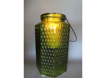 Green Glass Candle Holder With Battery Operated  Candle
