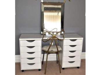 White 10 Drawer Vanity Table With Separate Mirror, Chair & Battery Operated Light