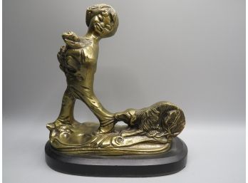 Bronze Inspired Child & Dog Tugging On Pants Figurine Statue Single Bookend
