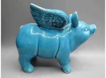 Turquoise Ceramic Chinese Flying Pig Figurine
