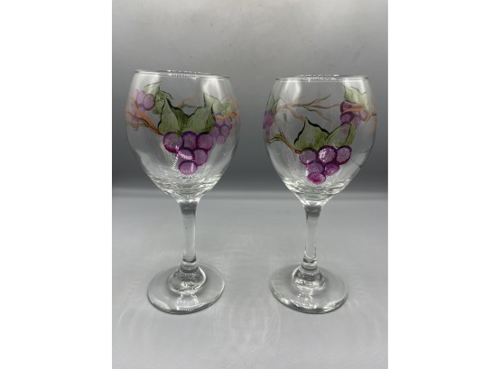 Hand Painted Grape Pattern Wine Glasses - 2 Total