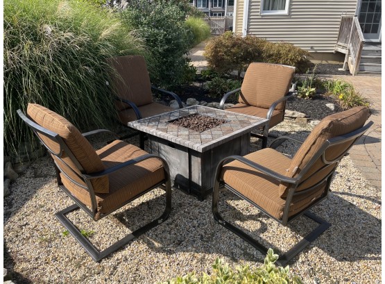 Outdoor Tile-top Propane Fire-pit With 4 Wrought Iron Arm Chairs - Sunbrella Cushions Included