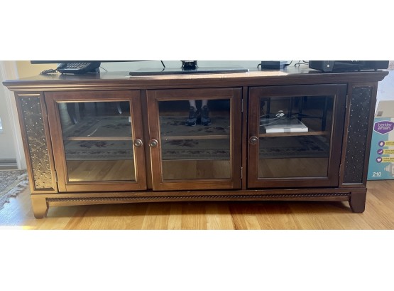 Klaussner Wooden Metal Embossed TV Console With Cabinets And Shelf
