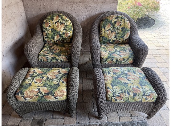 Resin Wicker Arm Chairs With Ottomans  - Cushions Included