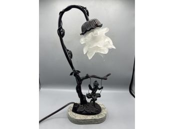 Vintage Metal Marble Base Table Lamp With Rose Pattern Glass Shade