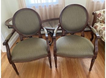 Ethan Allen Mahogany Carved Round Back Accent Arm Chairs - 2 Total