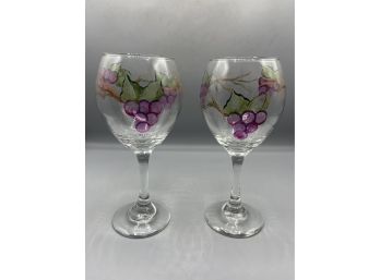 Hand Painted Grape Pattern Wine Glasses - 2 Total