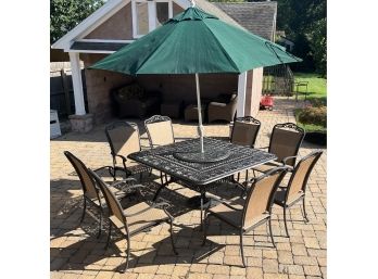 Outdoor Cast Aluminum Dining Table With 8 Mesh Back Chairs / Umbrella And Lazy Susan Attachment Included