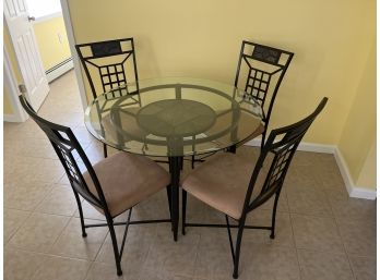 Metal Tile-top Pattern Glass-top Dining Table With 4 Cushioned Chairs