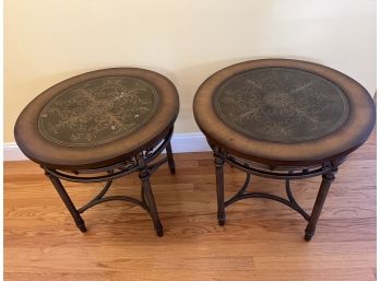 Klaussner Wrought Iron Wooden Metal Embossed Top End Tables - 2 Total